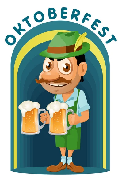 Oktoberfest Beer Festival Funny Man Traditional Costume Holds Two Mugs — Stock Vector