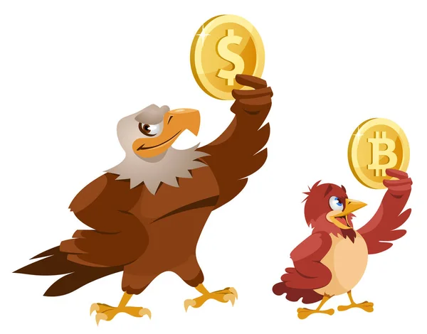 Aquila Calva Americana Con Simbolo Dollaro Passero Con Simbolo Bitcoin — Vettoriale Stock