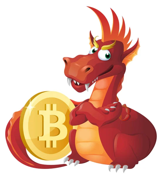 Drago Rosso Custodisce Simbolo Bitcoin Illustrazione Vettoriale Stile Cartone Animato — Vettoriale Stock