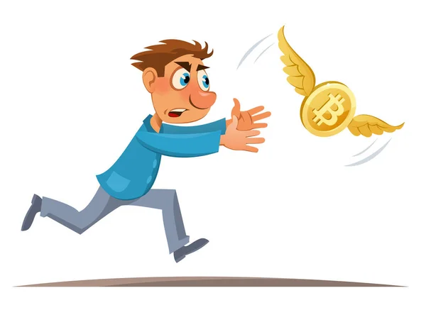 Moneta Digitale Uomo Dei Cartoni Animati Cercando Prendere Bitcoin Illustrazione — Vettoriale Stock
