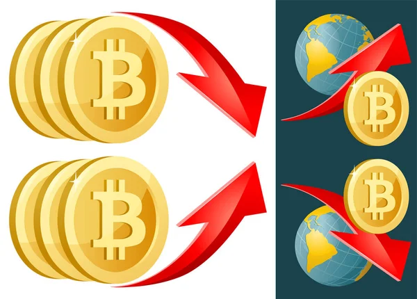 Simbolo Bitcoin Con Frecce Giù Tasso Illustrazione Vettoriale Sfondo Scuro — Vettoriale Stock