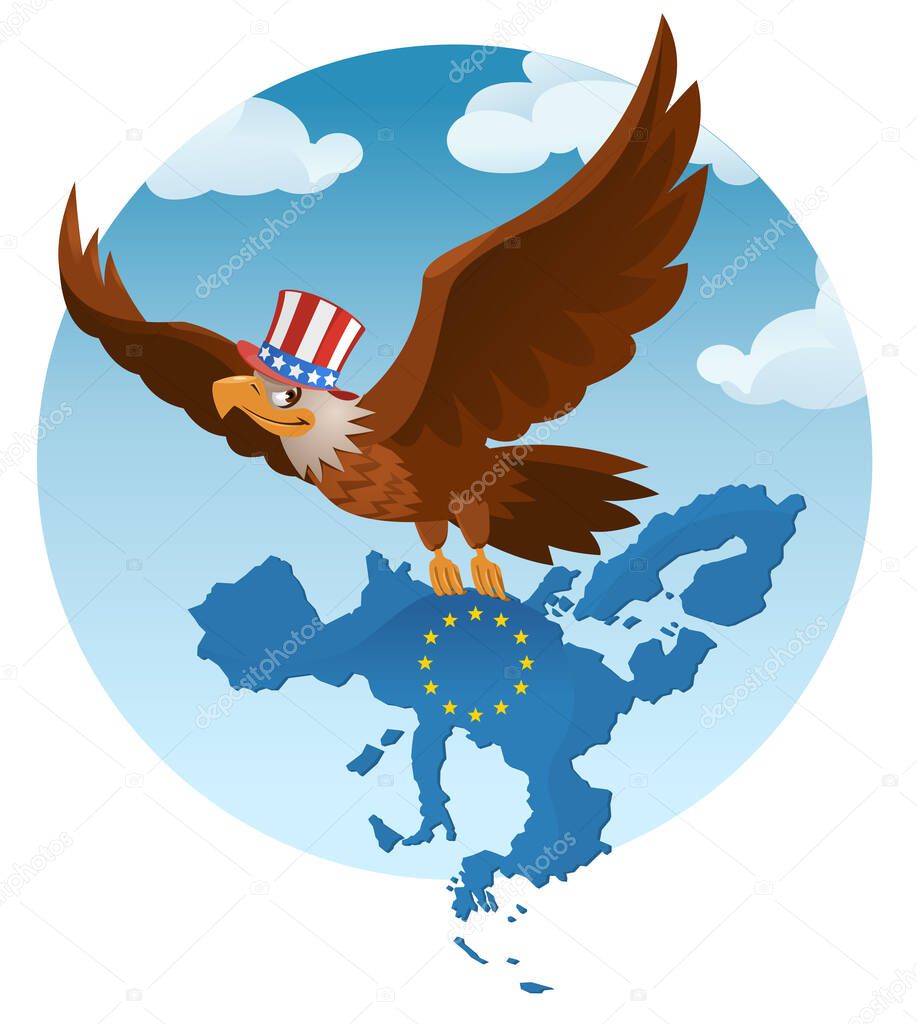 Flying American eagle holds the The European Union against the background of the blue sky. Cartoon styled vector illustration. Elements is grouped.  No transparent objects.