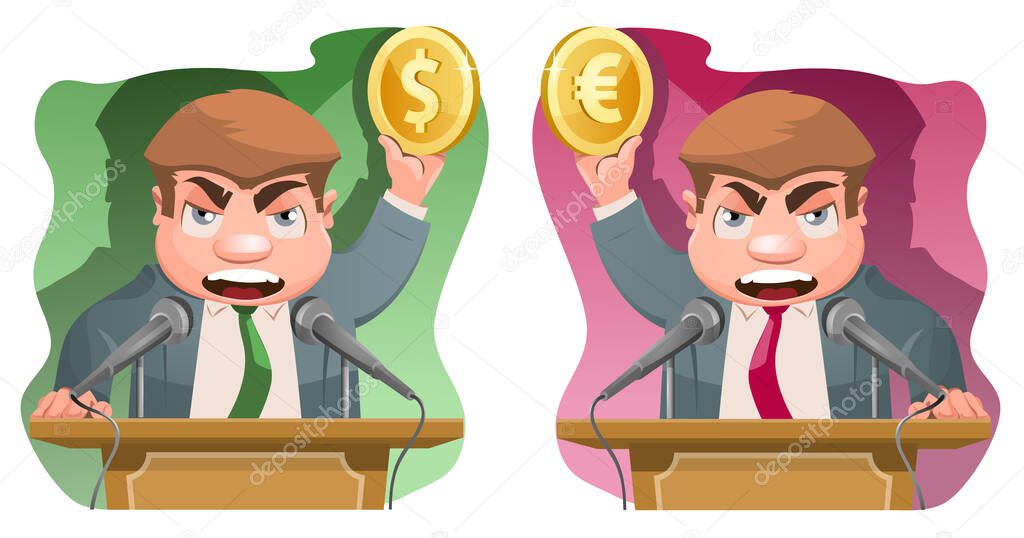 Speaker on the rostrum holds a dollar symbol and a euro symbol. Cartoon styled vector illustration. Elements is grouped. No transparent objects.