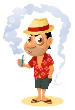 Vaper. Elektronik sigara içen komik tatilci. Çizgi film stili vektör çizimi. Elementler gruplandırıldı. Beyaz arka planda. Şeffaf nesne yok.