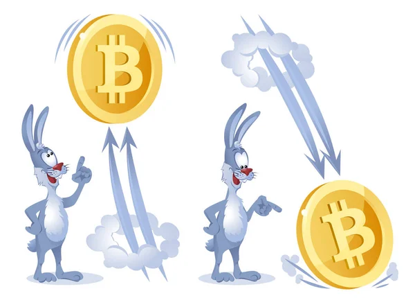 Zabawny Królik Patrzy Jak Bitcoin Wznosi Się Upada Ilustracja Wektora — Wektor stockowy
