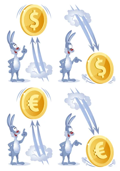 Zabawny Królik Patrzy Jak Dolar Euro Wznosi Się Upada Ilustracja — Wektor stockowy