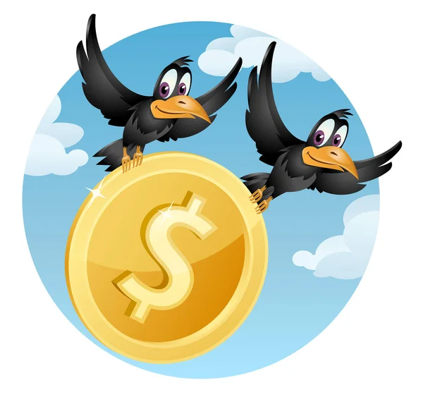 Flying Crows Carries Symbol American Dollar Cartoon Styled Vector Illustration — Stock Vector