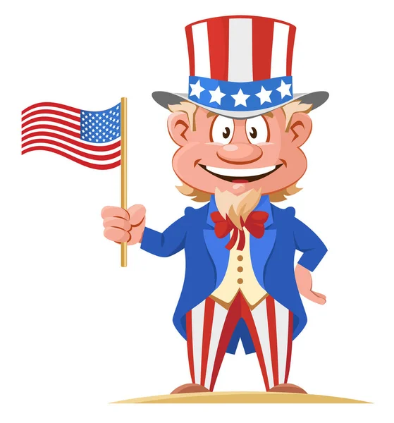 Дядя Сэм Держит Американский Флаг Карикатурная Векторная Иллюстрация Белом Фоне — стоковый вектор