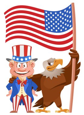Başkanlık Günü. Çizgi film Sam Amca ve Amerikan Kartalı Amerikan bayrağı taşıyor. Vektör çizimi. Elementler gruplandırıldı. Beyaz arka planda. Şeffaf nesne yok.