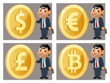 Komik iş adamının elinde farklı para birimlerinin sembolü var. Dolar, avro, sterlin, bitcoin. Çizgi film stili vektör çizimi. Elementler gruplandırıldı. Şeffaf nesne yok.