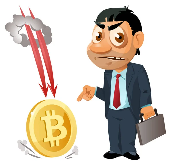 Uomo Affari Divertente Puntando Dito Contro Bitcoin Che Cade Illustrazione — Vettoriale Stock