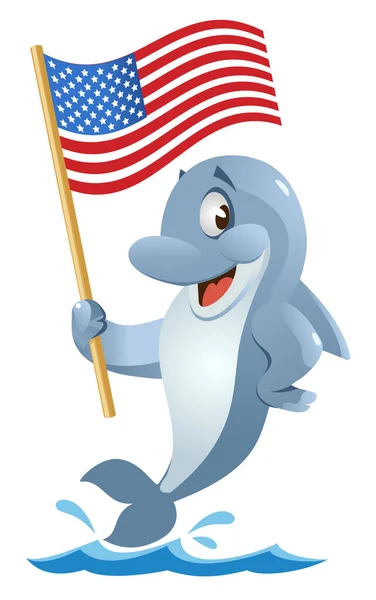 Funny Dolphin Holding American Flag Cartoon Styled Vector Illustration White — Stock Vector