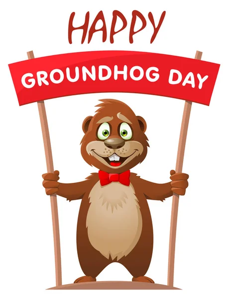 Hapy Groundhog Day Divertente Marmotta Dei Cartoni Animati Tiene Striscione — Vettoriale Stock