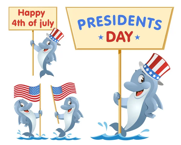 Presidents Day 4Th July Funny Dolphin Holds American Flag Cartoon — Stock Vector