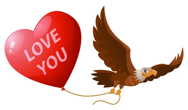 Love you. Flying eagle holds heart shape balloon. Cartoon styled vector illustration. Elements is grouped. On white background. No transparent objects.