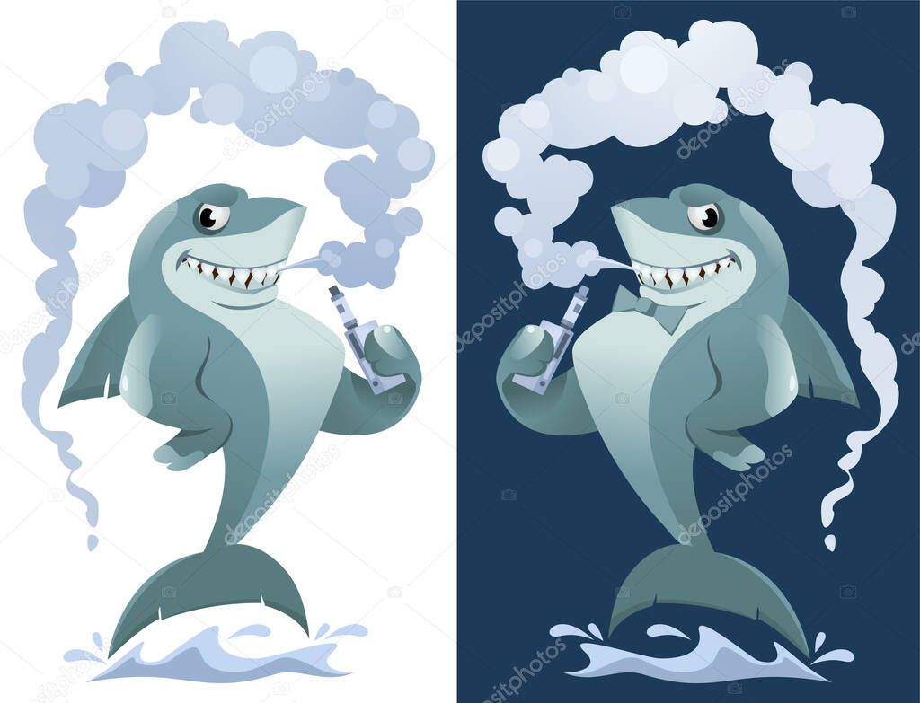 Shark vaper. Funny shark smoking electronic cigarette. Cartoon styled vector illustration. Elements is grouped. On white and dark background. No transparent objects.