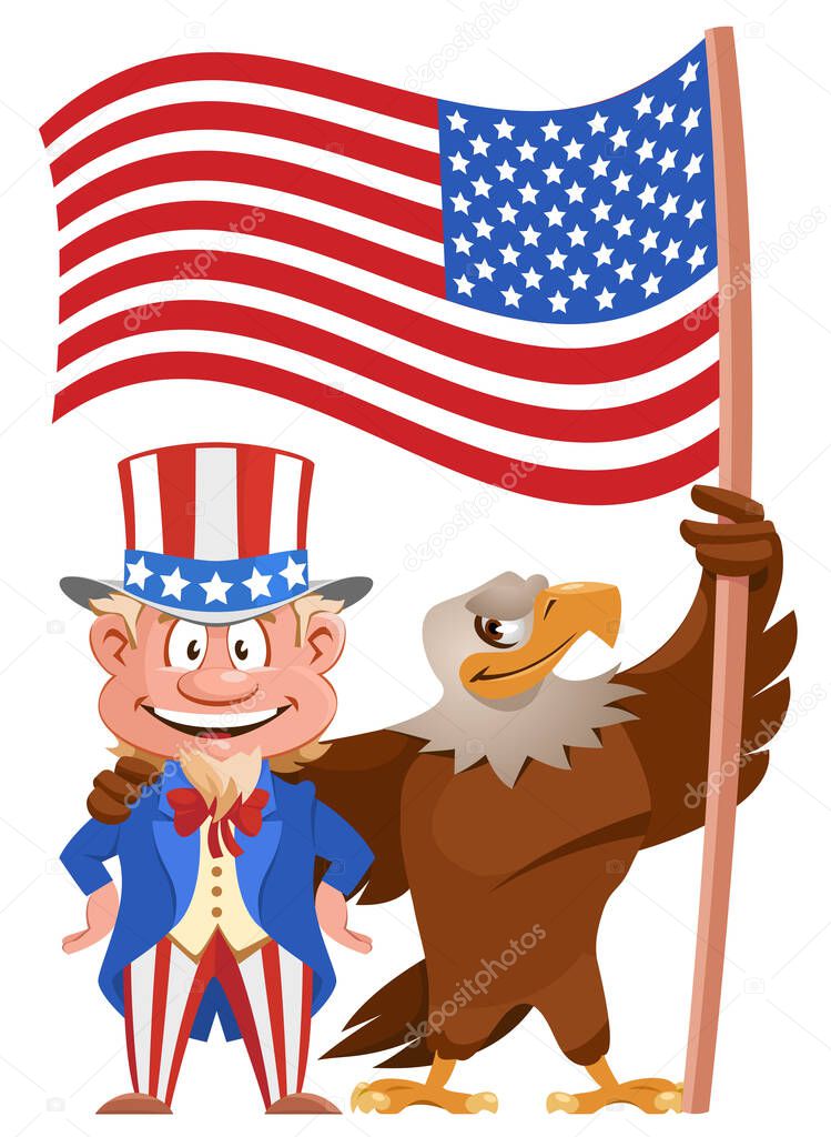 Presidents Day. Cartoon Uncle Sam and American eagle holding American flag. Vector illustration. Elements is grouped.  On white background. No transparent objects.