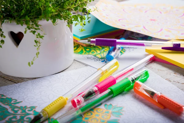 Adult coloring books, new stress relieving trend, mindfulness concept — Stock Photo, Image