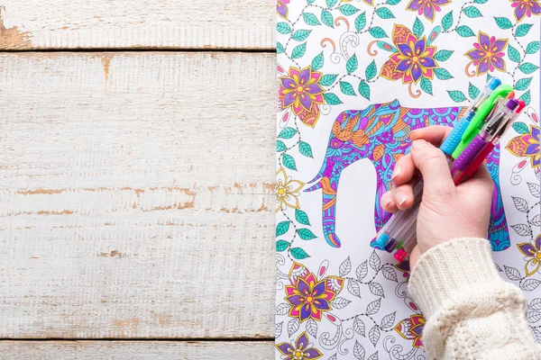 Mulher segurando canetas de gel, livros para colorir adultos, nova tendência de alívio do estresse, conceito de atenção plena — Fotografia de Stock