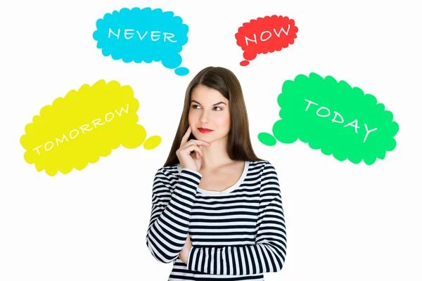 Attractive young woman deep in her thoughts, on white background — Stock Photo, Image