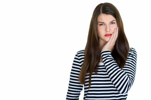 Toothache. Young female with sore teeth isolated on white background — Stock Photo, Image