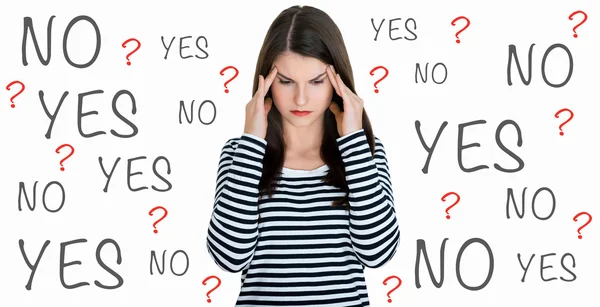 Young female adult deep in her thoughts, on white background — Stock Photo, Image