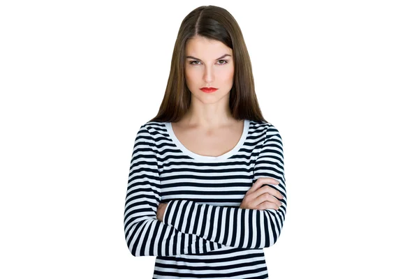 Young serious angry woman portrait on a white background — Stock Photo, Image