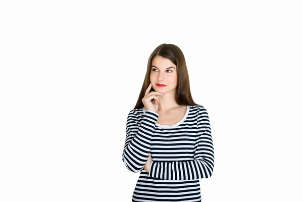 Attractive young woman deep in her thoughts, on white background — Stock Photo, Image