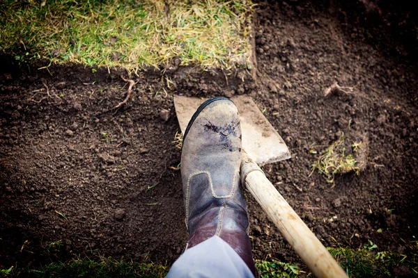 Homem usando pá para escavar gramado velho — Fotografia de Stock