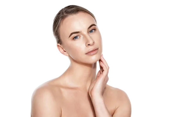 Beautiful Young Blond Woman Perfect Skin Touching Her Face Facial — Stock Photo, Image