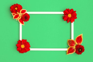 Anneler Günün kutlu olsun, Kadınlar Günü, Sevgililer Günü ya da Parlak Yeşil Geçmiş. Renkli düz kart tebrik kartı şablonu güzel çiçekler ve boş resim çerçevesi.