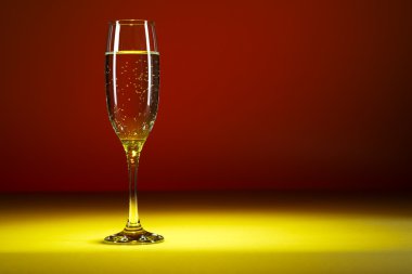 Bir bardak şampanya renkli arka plan üzerinde. Şampanya kadeh kadeh stüdyo.
