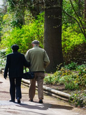 Güneşli bir günde ellerini tutarak bir parkta bir yürüyüşe üst düzey iki dikey renkli görüntü