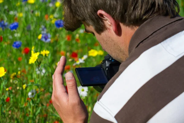 Mladý hezký Kavkazský fotografa, filmaře v botanické zahradě — Stock fotografie