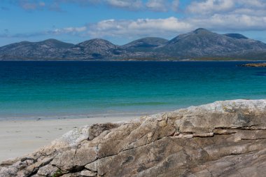 Güneşli beyaz kumlu plaj, Luskentyre, Harris Isle, Hebrides, İskoçya