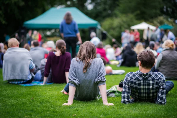 Amigos sentados en el césped, disfrutando de una música al aire libre, cultura — Foto de Stock