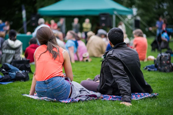 Freunde sitzen auf dem Gras, genießen Musik im Freien, Kultur — Stockfoto