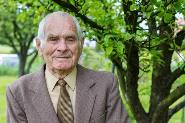 Красивый мужчина старше 80 лет позирует для портрета в саду . — стоковое фото