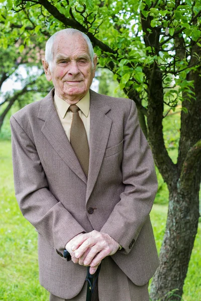Pohledný 80 plus let starší muž pózuje pro portrét v jeho zahradě. — Stock fotografie