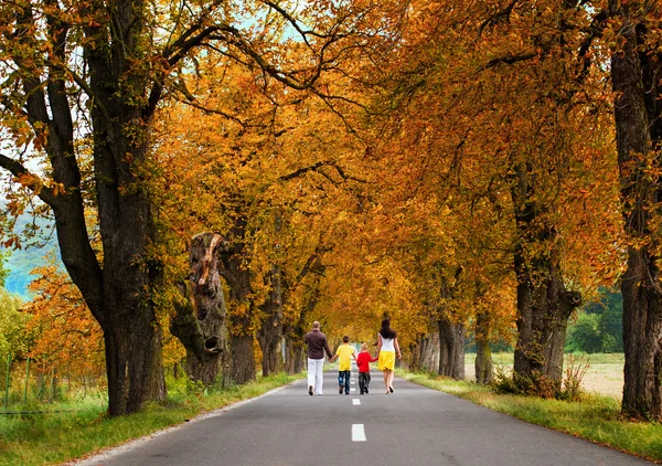 Family of 4 taking a walk in beautiful alley with  Autumn colors — Stock Photo, Image