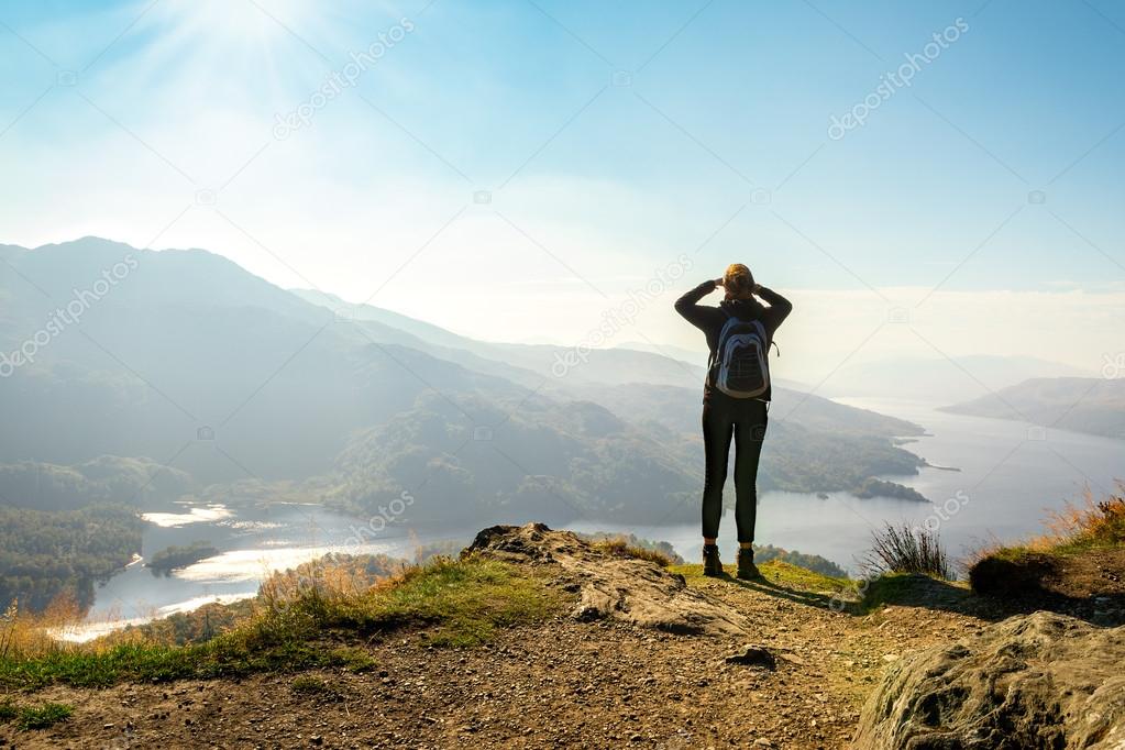 Female hiker on top of the mountain enjoying valley view, Ben A'an, Loch  Katrine, Highlands, Scotland, UK Stock Photo by ©andreaobzerova 62790839