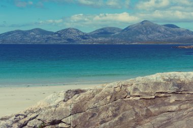 Güneşli beyaz kumlu plaj, Luskentyre, Harris Isle, Hebrides, İskoçya