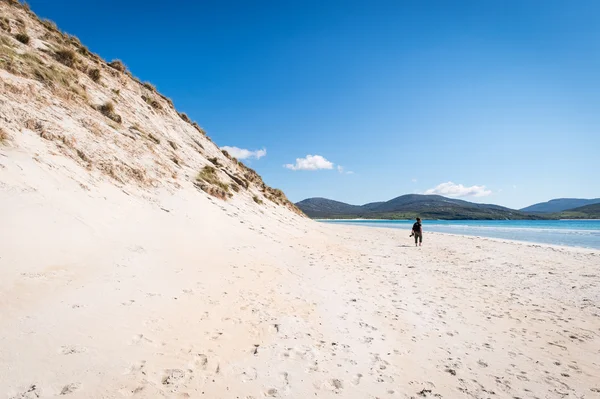 Jovem fotógrafo com dreadlocks em uma praia de areia branca ensolarada com dunas de areia alta, Luskentyre, Ilha de Harris, Hébridas, Escócia . — Fotografia de Stock