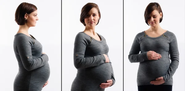 妊娠中の女性と彼女の腹に触れるのイメージの手ホワイト バック グラウンド、コラージュ — ストック写真