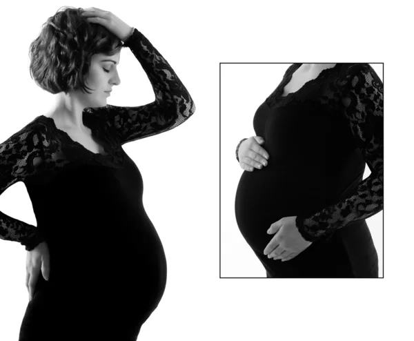 Aantrekkelijke jonge zwangere vrouw op witte achtergrond, collage — Stockfoto