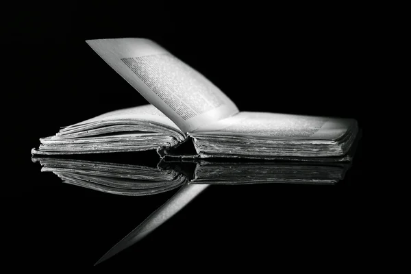 Immagine in bianco e nero ad alto contrasto di un vecchio libro sulla superficie riflettente nera — Foto Stock