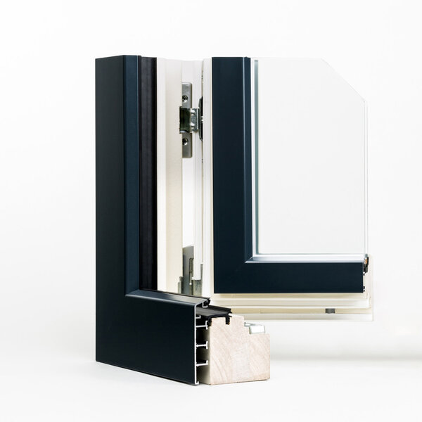 Wooden window with aluminium wrap sample, isolated on white background