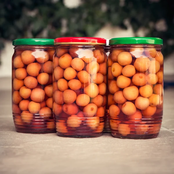 Jars of organic homemade Preserved Cherries — Stock Photo, Image