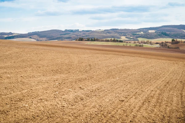 Agricultural field with soil and blue sky — Stock Photo, Image