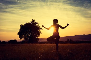 Pratik Yoga bir çayır, günbatımı, siluet üzerinde genç atletik kadın